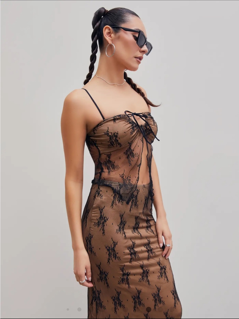 Sheer Lace Overlay Slip Tops Brown/Black